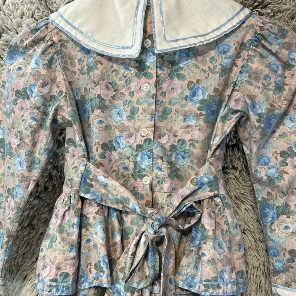 Vtg Debut Prairie Dress Girls Size 7 Ruffled Floral Cottagecore USA Long Sleeve